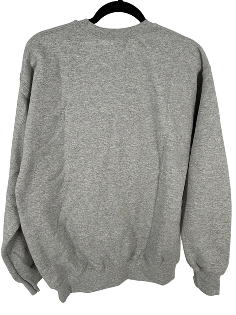 Gray sweatshirt on a hanger against a white background
