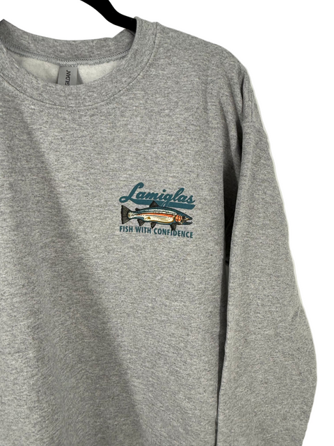 Gray sweatshirt with a fish-themed logo on a white background