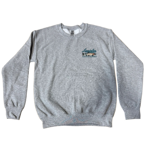 Gray sweatshirt with a logo on the chest against a white background