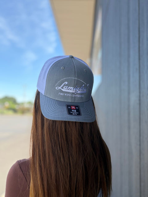 Heather Gray/White Trucker Hat Rod over logo Fish w/Confidence